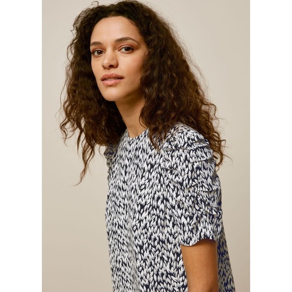 Whistles Black White Petal Print Puff Sleeves Flounce Hem Shift Mini Dress 6 - Picture 3 of 11